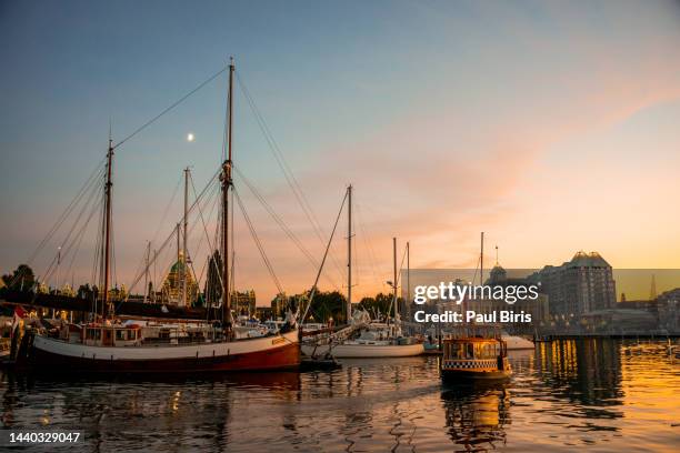 view of the inner harbour at sunset in downtown victoria, british columbia, canada - victoria canada photos et images de collection