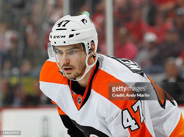 Eric Wellwood of the Philadelphia Flyers looks on against the New Jersey Devils in Game Four of the Eastern Conference Semifinals during the 2012 NHL...