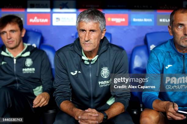 Quique Setien, Head Coach of Villarreal CF looks on from the dugout prior to the LaLiga Santander match between RCD Espanyol and Villarreal CF at...