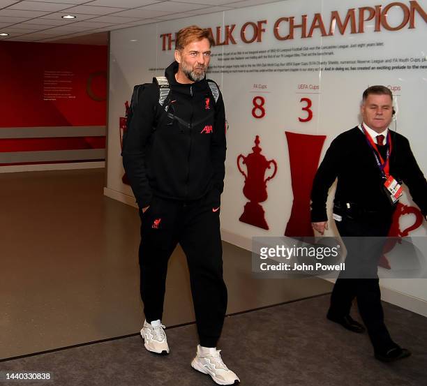 Jurgen Klopp manager of Liverpool arrives for the Carabao Cup Third Round match between Liverpool and Derby County at Anfield on November 09, 2022 in...