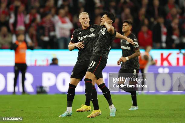 Nadiem Amiri of Bayer 04 Leverkusen celebrates after scoring their team's first goal during the Bundesliga match between 1. FC Köln and Bayer 04...