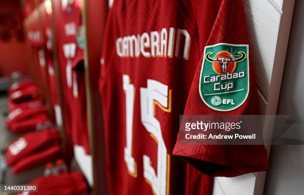 Liverpool dressing room before the Carabao Cup Third Round match between Liverpool and Derby County at Anfield on November 09, 2022 in Liverpool,...