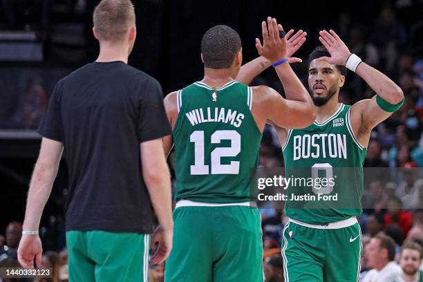 Jayson Tatum of the Boston Celtics and Grant Williams during the game against the Memphis Grizzlies at FedExForum on November 07, 2022 in Memphis,...