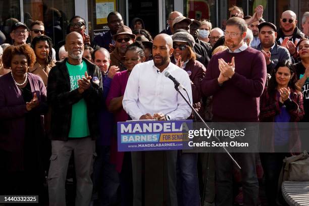 Wisconsin Lt. Gov. Mandela Barnes speaks at a press conference to announce that he is conceding the U.S. Senate race on November 9, 2022 in...