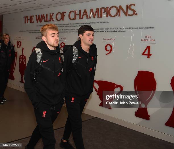 Jake Cain and Layton Stewart of Liverpool arrive for the Carabao Cup Third Round match between Liverpool and Derby County at Anfield on November 09,...