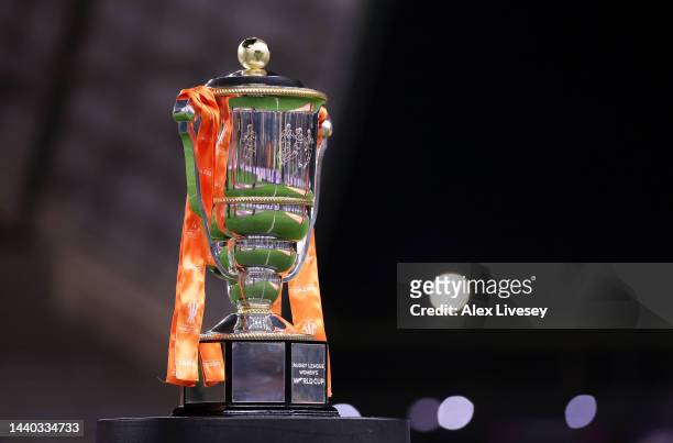 Detailed view of the Women's Rugby League World Cup Trophy ahead of the Women's Rugby League World Cup Group A match between England Women and Papua...
