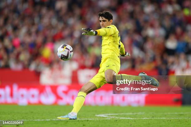 Yassine Bounou of Sevilla FC kicks the ball during the LaLiga Santander match between Sevilla FC and Real Sociedad at Estadio Ramon Sanchez Pizjuan...