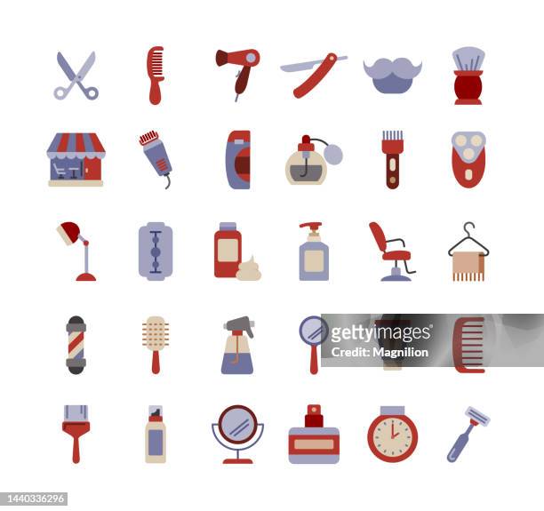 ilustrações de stock, clip art, desenhos animados e ícones de barbershop flat icons set - tratamento de beleza