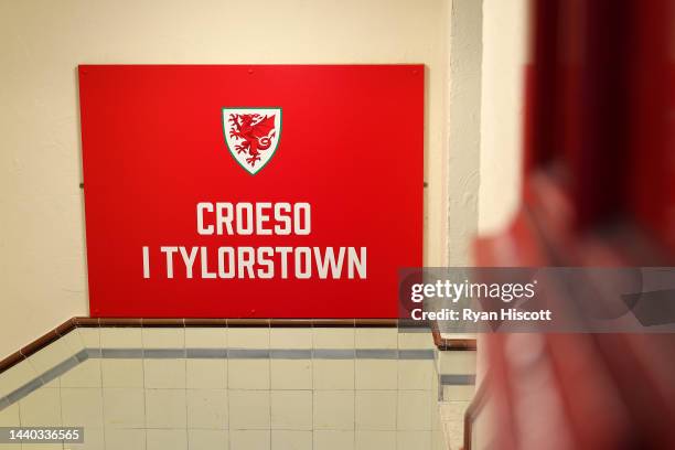 Detailed view of a 'Croseo I Tylorstown' sign at the Tylorstown Welfare Hall prior to the World Cup Squad Announcement Broadcast at Tylorstown...