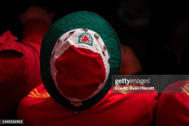 Fans of Wales wear Bucket Hats as they wait fo the World Cup Squad Announcement Broadcast at Tylorstown Welfare Hall on November 09, 2022 in...