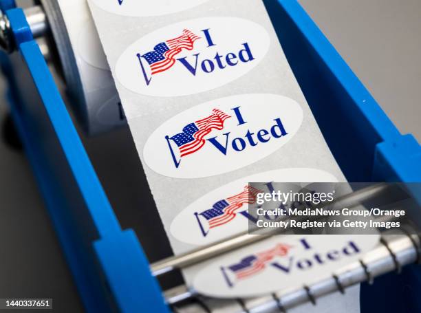 November 08: Voters pick up their I Voted sticker at Irvine Valley College in Irvine, CA on Tuesday, November 8, 2022.