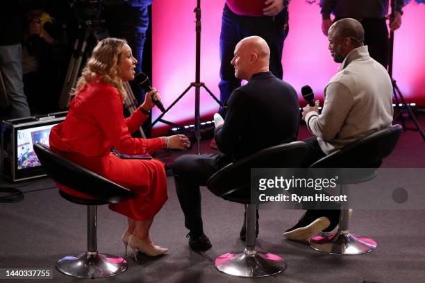 Catrin Heledd, BBC Presenter, speaks with Rob Page, Manager of Wales, and Nathan Blake, former Footballer, during the World Cup Squad Announcement...