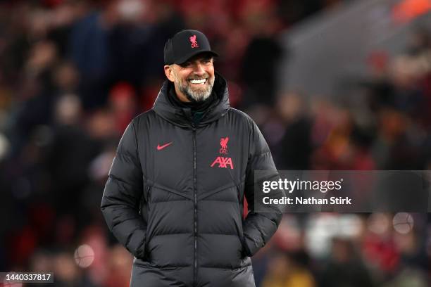 Jurgen Klopp, Manager of Liverpool reacts prior to the Carabao Cup Third Round match between Liverpool and Derby County at Anfield on November 09,...