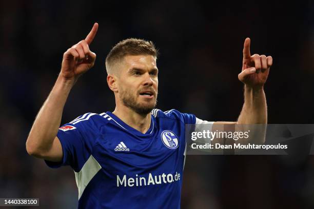 Simon Terodde of FC Schalke 04 celebrates after scoring their team's first goal during the Bundesliga match between FC Schalke 04 and 1. FSV Mainz 05...