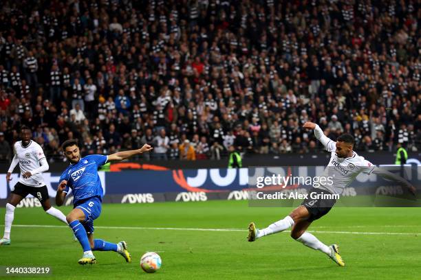 Djibril Sow of Eintracht Frankfurt scores their sides first goal during the Bundesliga match between Eintracht Frankfurt and TSG Hoffenheim at...