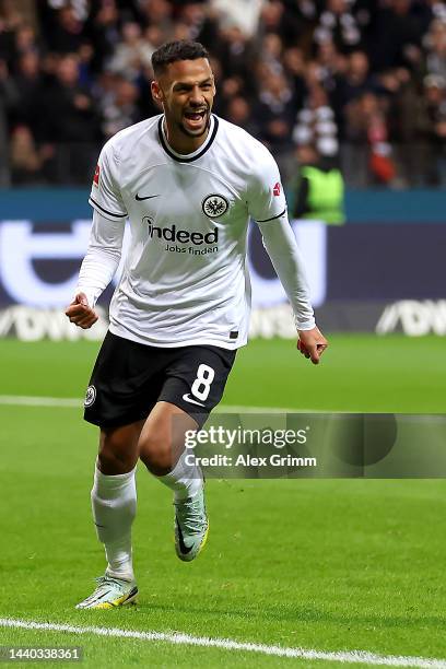 Djibril Sow of Eintracht Frankfurt celebrates after scoring their sides first goal during the Bundesliga match between Eintracht Frankfurt and TSG...