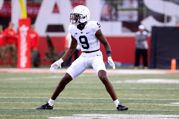 Joey Porter Jr. #9 of the Penn State Nittany Lions on the field in the game against the Indiana Hoosiers at Memorial Stadium on November 05, 2022