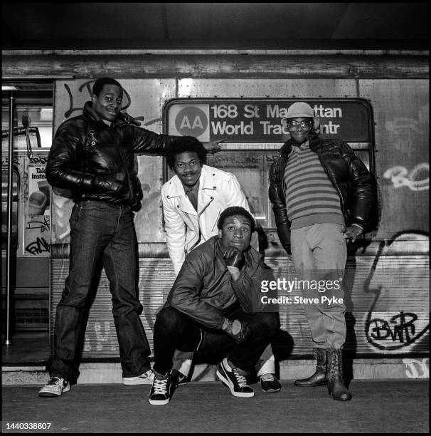 Members of Wolverhampton breakdance crew the B-Boys, Canal St subway NYC 6th March 1984.
