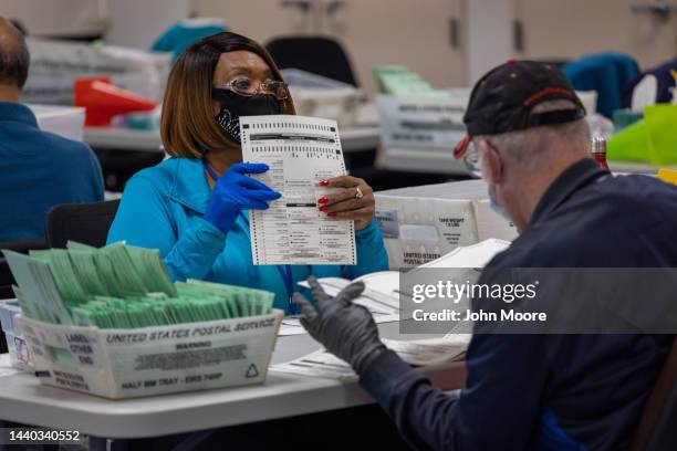 Election workers sort ballots at the Maricopa County Tabulation and Election Center on November 09, 2022 in Phoenix, Arizona. A day after midterm...