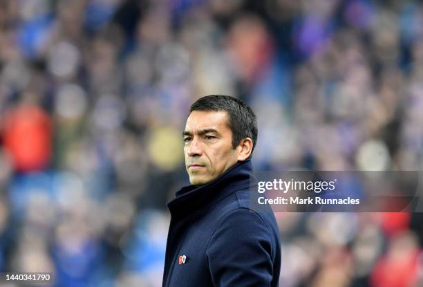 Giovanni van Bronckhorst, manager of Rangers during the Cinch Scottish Premiership match between Rangers FC and Heart of Midlothian at on November...