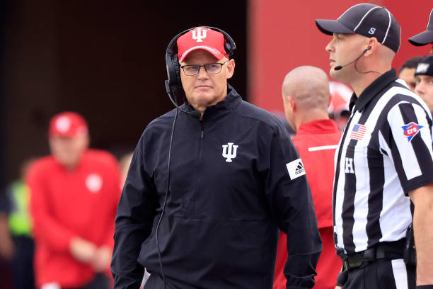 Head coach Tom Allen of the Indiana Hoosiers on the sidelines in the game against the Penn State Nittany Lions at Memorial Stadium on November 05,...