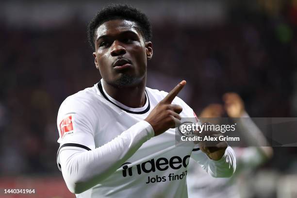 Junior Dina Ebimbe of Eintracht Frankfurt celebrates after scoring their sides third goal during the Bundesliga match between Eintracht Frankfurt and...