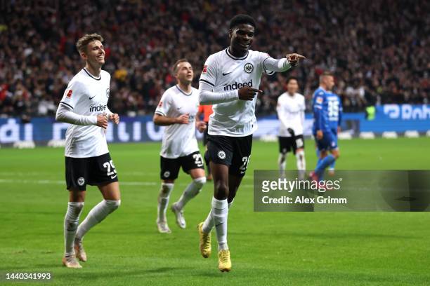 Junior Dina Ebimbe of Eintracht Frankfurt celebrates after scoring their sides third goal during the Bundesliga match between Eintracht Frankfurt and...