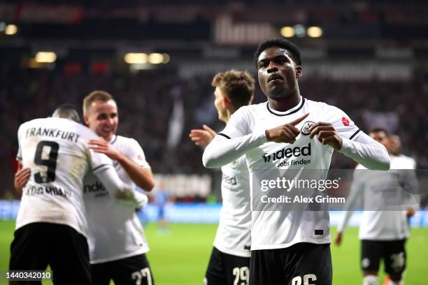 Junior Dina Ebimbe of Eintracht Frankfurt celebrates after scoring their sides third goal during the Bundesliga match between Eintracht Frankfurt and...
