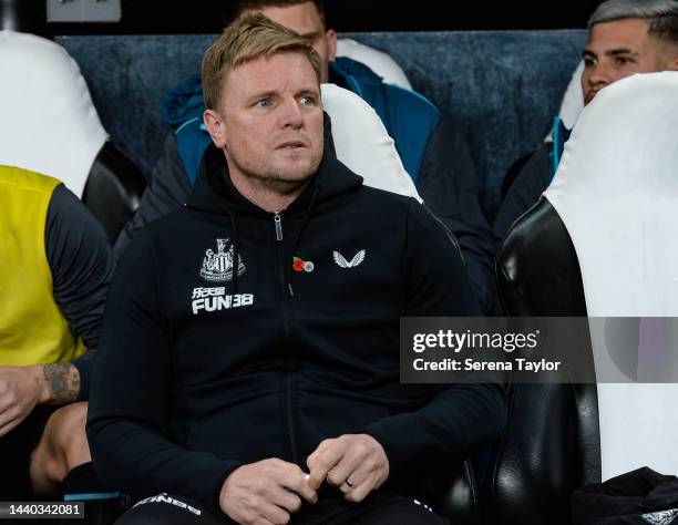 Newcastle United Head Coach Eddie Howe looks on from the dugout during the Carabao Cup Third Round match between Newcastle United and Crystal Palace...