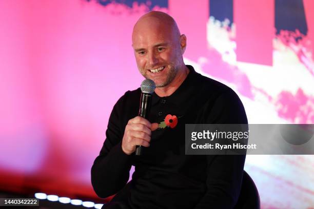 Rob Page, Manager of Wales, speaks to the crowd during a Q&A Session after the World Cup Squad Announcement Broadcast at Tylorstown Welfare Hall on...
