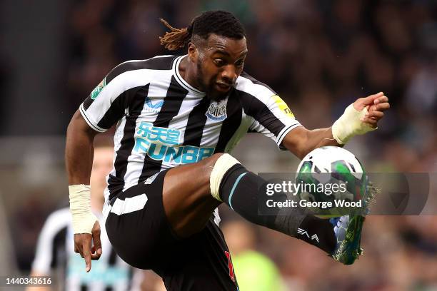 Allan Saint-Maximin of Newcastle United controls the ball during the Carabao Cup Third Round match between Newcastle United and Crystal Palace at St...