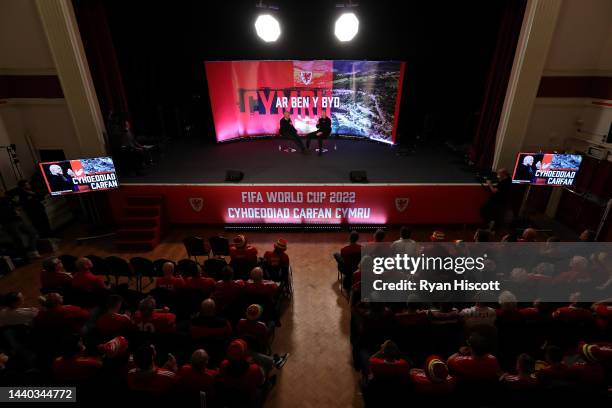 General view as Ian Gwyn Hughes, Head of Public Relations for the FA Wales, speaks with Rob Page, Manager of Wales, during the World Cup Squad...