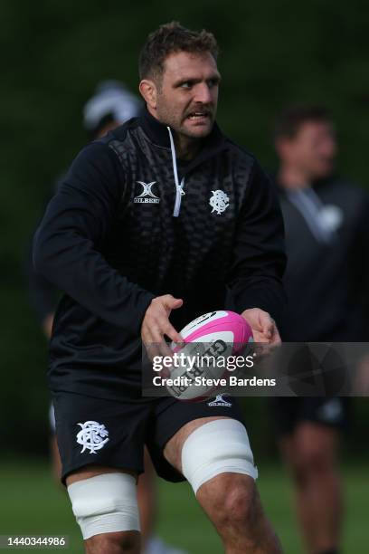 Luke Whitelock of the Barbarians passes the ball during a Barbarians training session at Latymer School on November 09, 2022 in London, England. The...