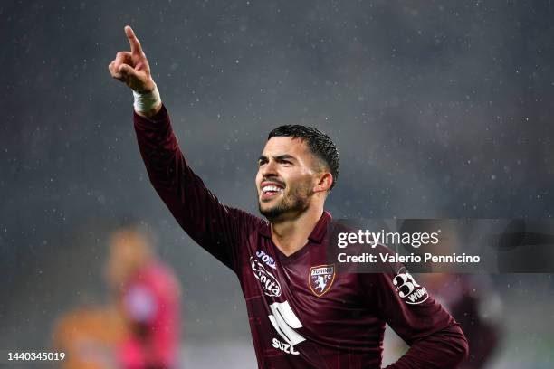 Nemanja Radonjic of Torino FC celebrates after scoring their sides first goal during the Serie A match between Torino FC and UC Sampdoria at Stadio...