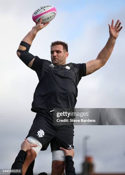 Luke Whitelock of the Barbarians wins a lineout during a Barbarians training session at Latymer School on November 09, 2022 in London, England. The...