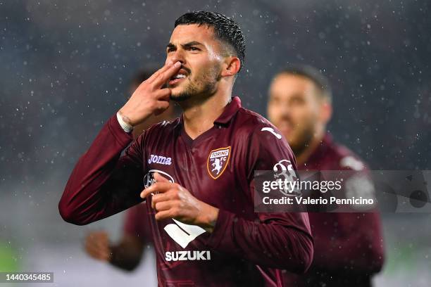 Nemanja Radonjic of Torino FC celebrates after scoring their sides first goal during the Serie A match between Torino FC and UC Sampdoria at Stadio...