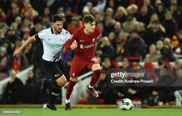 Stefan Bajcetic of Liverpool during the Carabao Cup Third Round match between Liverpool and Derby County at Anfield on November 09, 2022 in...