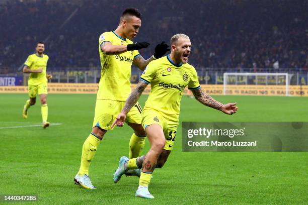 Federico Dimarco of FC Internazionale celebrates after scoring their team's second goal during the Serie A match between FC Internazionale and...