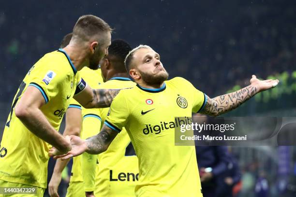 Federico Dimarco of FC Internazionale celebrates after scoring their team's second goal during the Serie A match between FC Internazionale and...