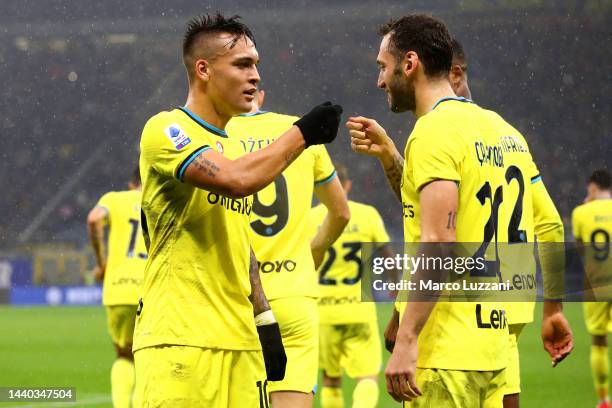 Lautaro Martinez of FC Internazionale celebrates with teammates after scoring their team's third goal during the Serie A match between FC...