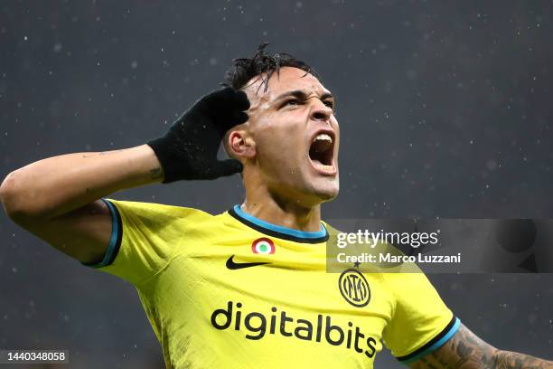Lautaro Martinez of FC Internazionale celebrates after scoring their team's third goal during the Serie A match between FC Internazionale and Bologna...