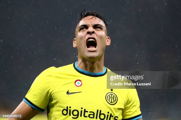 Lautaro Martinez of FC Internazionale celebrates after scoring their team's third goal during the Serie A match between FC Internazionale and Bologna...