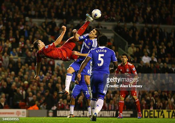 Andy Carroll of Liverpool attempts an over head kick during the Barclays Premier League match between Liverpool and Chelsea at Anfield on May 8, 2012...