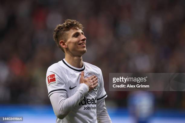 Jesper Lindstrom of Eintracht Frankfurt celebrates after scoring their sides fourth goal during the Bundesliga match between Eintracht Frankfurt and...