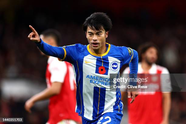 Kaoru Mitoma of Brighton & Hove Albion celebrates after scoring their team's second goal during the Carabao Cup Third Round match between Arsenal and...