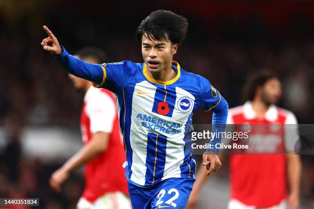 Kaoru Mitoma of Brighton & Hove Albion celebrates after scoring their team's second goal during the Carabao Cup Third Round match between Arsenal and...
