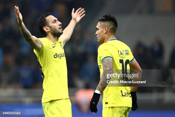 Hakan Calhanoglu of FC Internazionale celebrates after scoring their team's fifth goal during the Serie A match between FC Internazionale and Bologna...