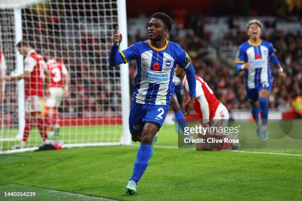 Tariq Lamptey of Brighton & Hove Albion celebrates after scoring their team's third goal during the Carabao Cup Third Round match between Arsenal and...