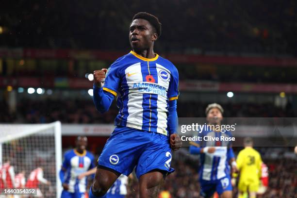 Tariq Lamptey of Brighton & Hove Albion celebrates after scoring their team's third goal during the Carabao Cup Third Round match between Arsenal and...