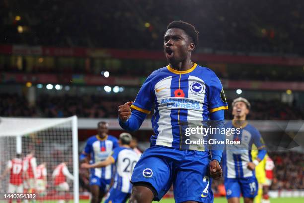 Tariq Lamptey of Brighton & Hove Albion celebrates after scoring their team's third goal during the Carabao Cup Third Round match between Arsenal and...